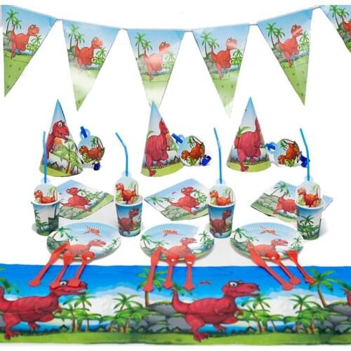 Hot Dinosaur 10pcs/lot Cartoon party theme Cup Plate Banner Disposable tableware Wedding Ramadan for KIds