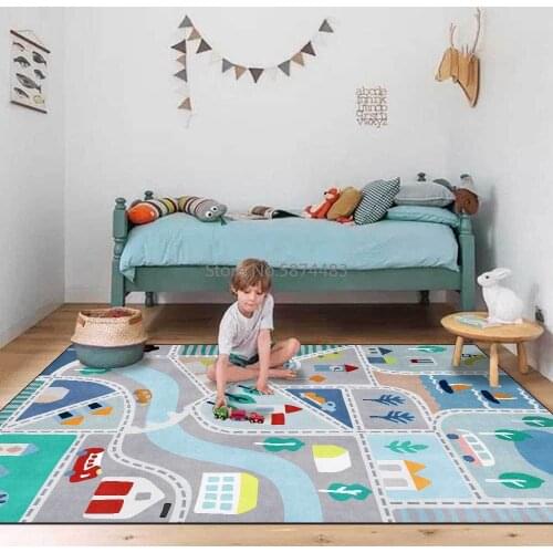 200*300cm Modern Cartoon Town Running Road Light Blue Green Childrens Room Living Room Bedroom Bedside Mat Customization