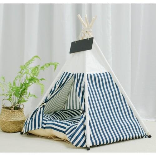 2021 Stripped Wood Canvas Tipi Fold Pet Tent Small Animals Beds Dog Bed Portable Indoor Outdoor Pet Travel Supply Pet House Mats