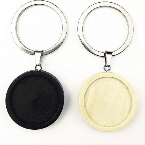 24pcs Black, Brown, White,Log Wood Cabochon Stainless Steel ring Keychain 25mm Blank Wooden Trays for Key ring Making Wholesale