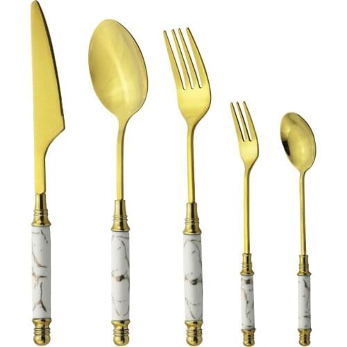 5pcs Dinnerware Set Ceramic Knife Fork Tea Spoons Cake Fork Sliverware Vintage Stainless Steel Cutlery Set Kitchen Tableware Set