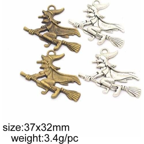 8pcs/lot 37x32mm Antique Silver/Antique Bronze Zinc Alloy Charms The Witch On The Broom Pendants For Christmas Jewelry Findings