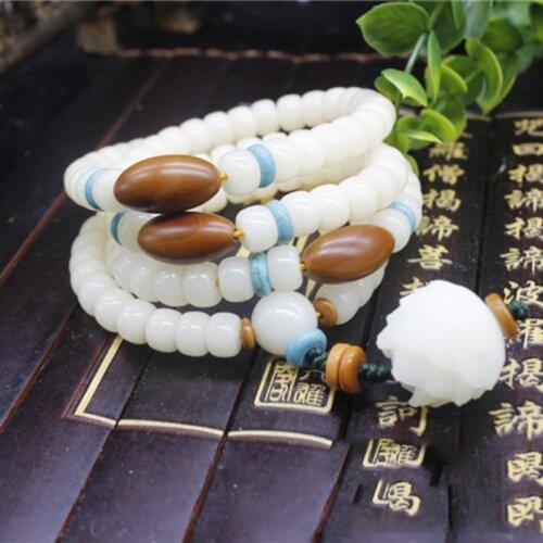White Bodhi Seed Bracelets Carved Lotus Flower Pendant Prayer Mala Tibetan Buddhism Necklace Buddha Lucky Women Men Jewelry
