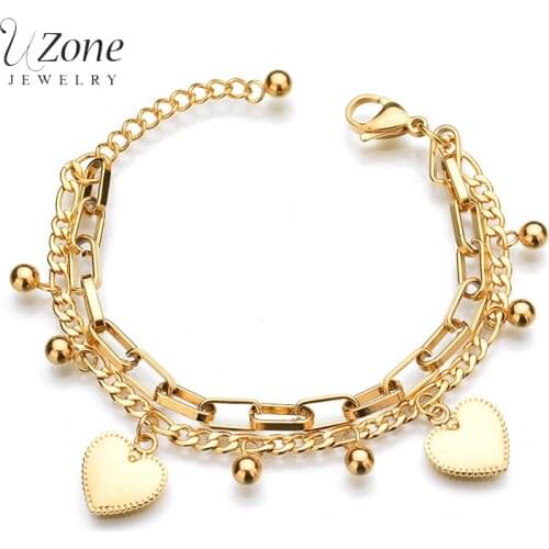 Trendy Personality Jewelry Multilayer Extension Chain Bead Heart Gold Color Bead Stainless Steel Bracelets For Women Gift