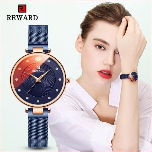 REWARD Luxury Ultra-thin Womens Watches Fashion Color Glass Analog Quartz Watch Women Blue Mesh Casual Waterproof Wrist Watch