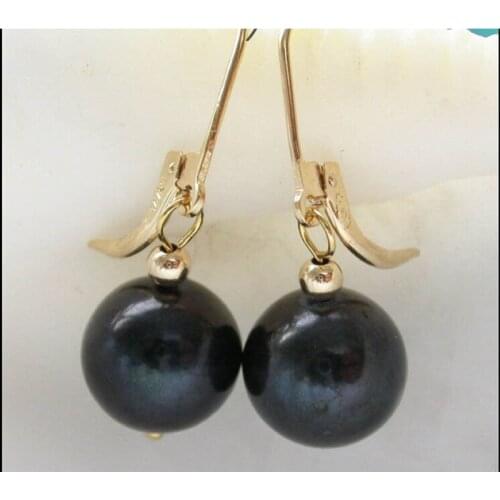 11mm black round freshwater pearl dangle plated earring