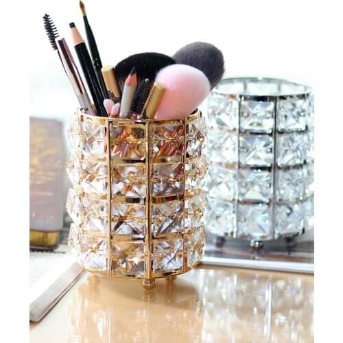 Europe Metal Makeup Brush Storage Tube Eyebrow Pencil Makeup Organizer Bead Crystal Jewelry Storage Box
