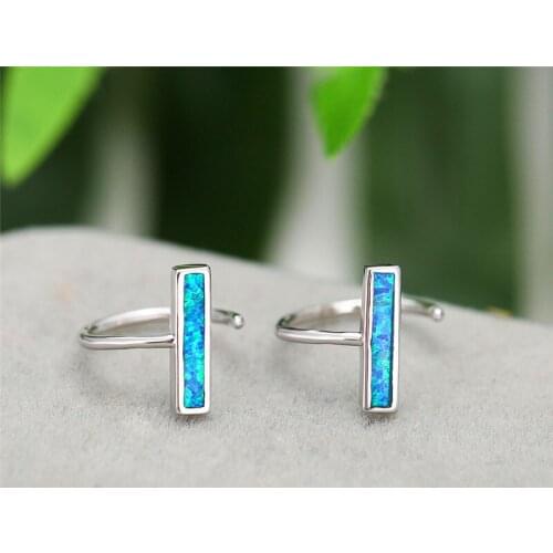 Geometric Opening Round Stud Earring Blue/White Fire Opal Hook Earrings For Women Silver Color Birthstone Minimalist Jewelry