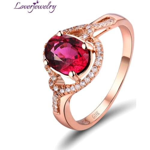 LOVERJEWELRY Red Tourmaline Rings Solid 18KT Rose Gold Natural Oval 6x8mm Tourmaline Diamond Engagement Ring For Women Jewelry