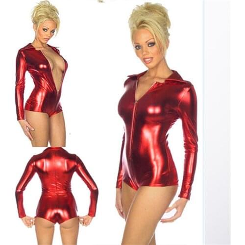 Red/Black/Silver Leather Lingerie Sexy Front Zipper BodySuits PVC Erotic Costumes Latex Catsuit Sexy Women Clubwear One Size