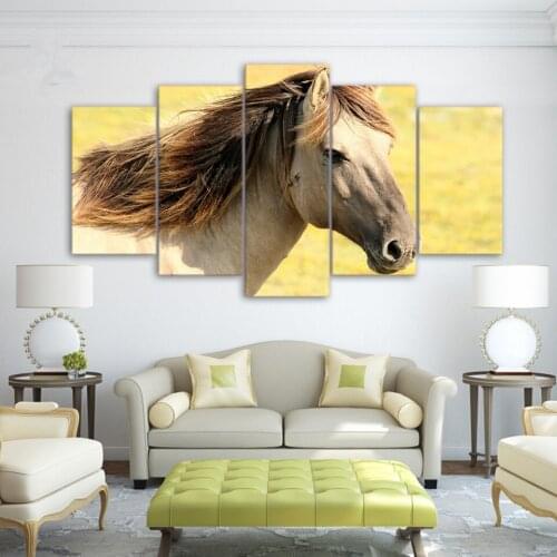 Framed Wall Art Framework Canvas Paintings Modular HD Prints 5 Pieces Nature Pasture Mane Horse Pictures Home Decor
