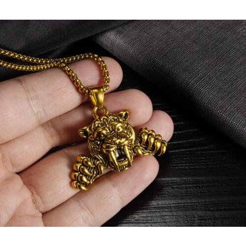 Mens Titanium Steel Animal Jewelry Tiger Claw Head Pendant Necklace Punk Rock Men Jewelry 24" Link Chain