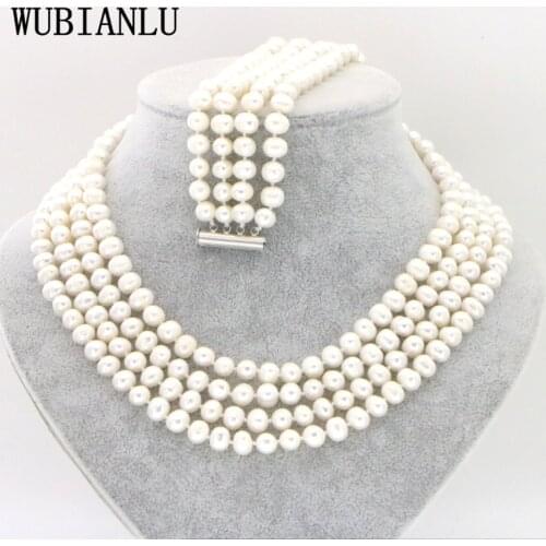 WUBIANLU 4 Row 7-8mm Freshwater Pearl Wedding Jewelry Set 5 Styles Costume Jewelry Necklace Sets Bracelet Floating Charms Lot