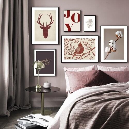 Red Wine Style Wall Art Canvas Poster Print Joy Christmas Bird Antlers Flower Painting Decorative Picture Modern Interior Decor