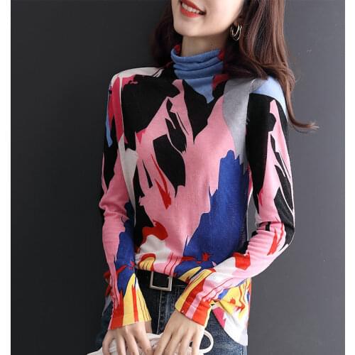 2020 Autumn and Winter Womens New Stretch Tops, Ultra-fine Fashion Knitting Printing Foreign Style Pullover Bottoming Shirt