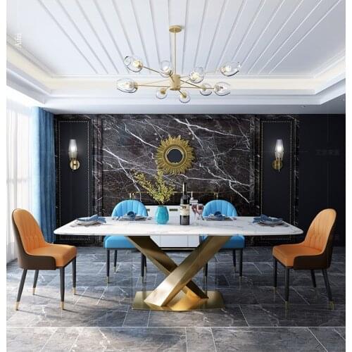 Italian White Marble Top Stainless Steel Leg Dining Table For Hotel Restaurant Rectangular Steel Legs Light Luxury Dining Table