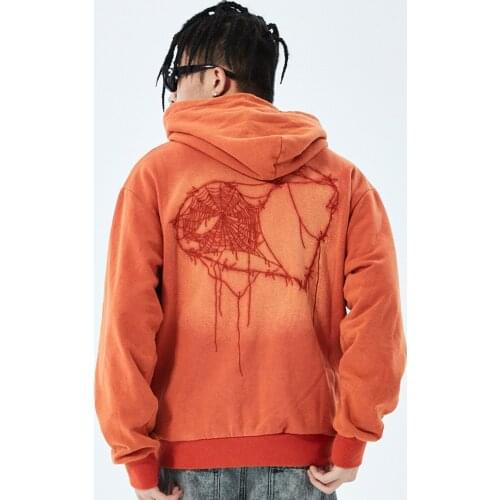 2021 Letter Heart Embroidery Retro Wash Zipper Mens Hip Hop Hoodies Pullover Zip Up Cotton Orange Hooded Sweatshirt Sweat Homme