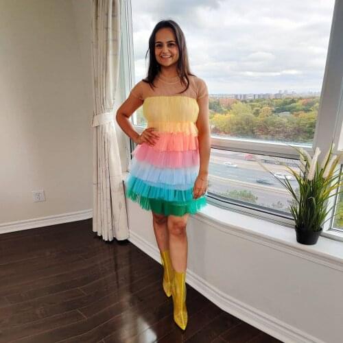 Simple Fashion Rainbow Mini Skirts Women Dresses For BLack Girls Cute O-neck Tulle Layer Ruffles Colourful Dress Custom Made