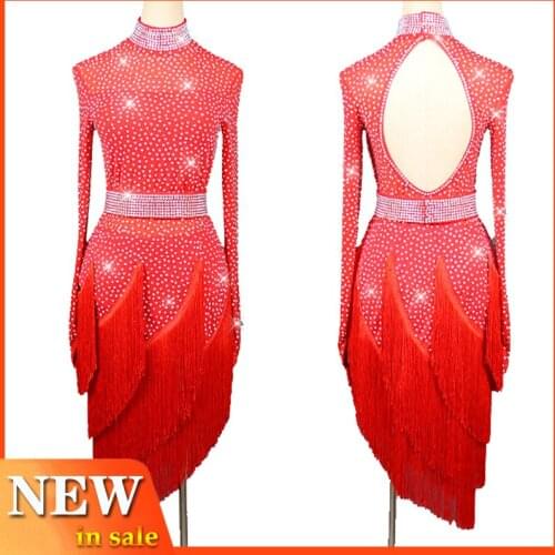 High-End Latin Dance Dress Dancing Shows Competition Clothing Red Professional Sexy Fringe Skirt Rhinestone Latin Dress L3021