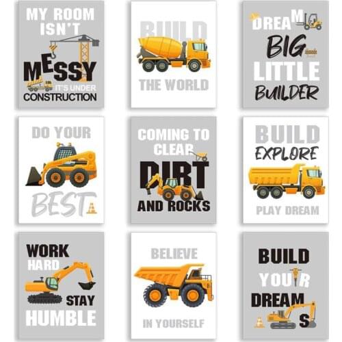 Baby Boy Room Home Decor Poster Nursery Cartoon Trucks Car Wall Art Canvas Painting Excavator Print Pictures For Children Room