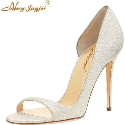 Silver Elegant Glitter Satin Sandals Open Toe 10cm Thin High Heels Adhesive Slipper Wedding&Party&Dress Woman Shoes Nancyjayjii