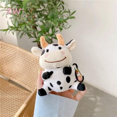 Cute fluffy 3D cow airpods1/2 protection cover wireless headphone hard case for fall protection with hook keychain keyring