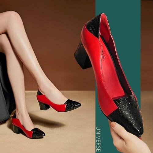 Universe C040 New Snakeskin Pattern Thick Hoof High Heels Patchwork Genuine Leather Large Size Women Pumps Dress Shoes For Lady