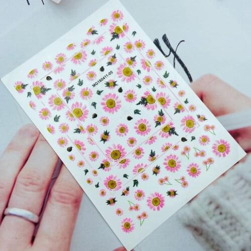 High Quality Fashion Hot Seling 3d DIY Japanese Style Nail Stickers Black & Pink Sunflowers Back Glue Adhesive Dry Nail Decals