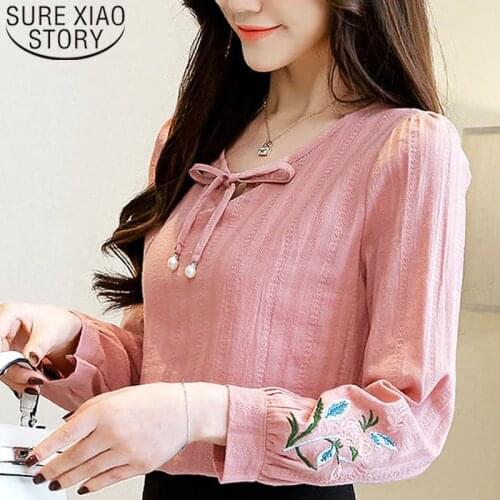 Women white shirt long sleeve 2021 Floral Embroidery loose tie round neck Printed bow Puff sleeve women clothing tops 2451 50