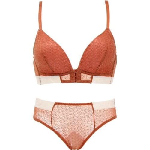 2019 Womens Lace Lingerie Set Front Buckle Without Rim Embroidery Gathered Bra + Underwear Set 3 Colors