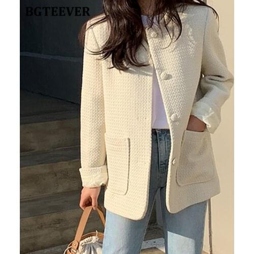 BGTEEVER Elegant O-neck Solid Suit Jackets for Women Spring Pockets Office Ladies Single-breasted Pockets Blazer 2021