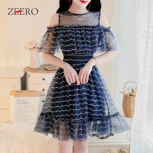 2020 Summer Women Patchwork Ruffle Sleeve Sexy Lace Mini Dresses Elegant Female Vintage Off Shoulder Mesh Party Dress Vestidos