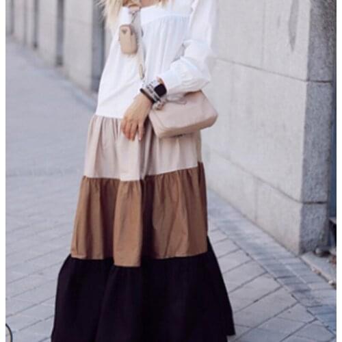 Women Loose Style Dress Variegated Color Square Collar Long Puff Sleeves Blue/ White