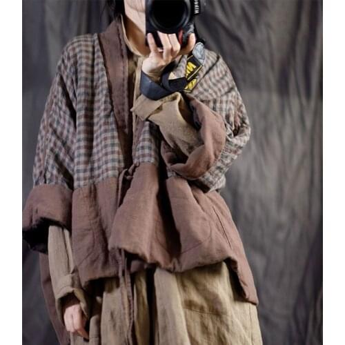 SCUWLINEN Winter Women Parka 2020 Retro Plaid Patchwork Loose Lacing Thick Cotton Padded Coats P298