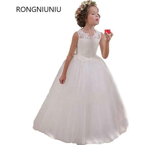 2016 White Flower Girl Dresses Scoop Sleeveless Floor length Tulle Kids Wedding Party Robe De Soiree Lovey Elegant Princess