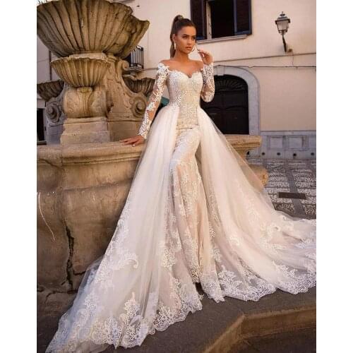 2021 Hot Sale Wedding Dress Mermaid Tail Detachable Strapless Lace Long Sleeve Backless Bridal Wedding Dress
