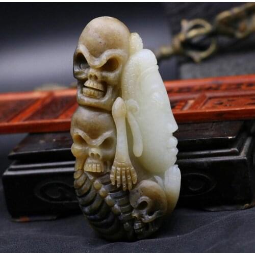 Big Treasure Chinese Hetian White Jade the Buddha Ghost totem SKULL Hand Player Carving 171g Timestown 20201128A
