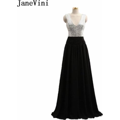 JaneVini 2018 Black Chiffon Sequined Long Bridesmaid Dresses A Line Sexy Deep V Neck Zipper Back Floor Length Robe Mousseline