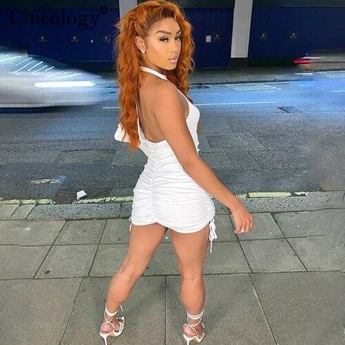 Chicology backless halter ruched mini dress bodycon sexy club outfits women 2020 sleeveless summer clothes bandage streetwear