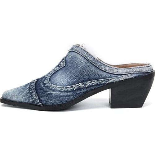 Denim Mid-heel Slippers Suitable For Summer, It Is Recommended To Place An Order In A Larger Size