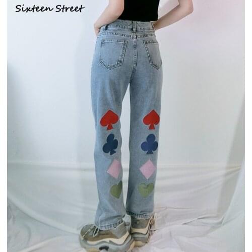 Boyfriend Denim Jeans Woman High Waised Playing Card Y2k Jeans Female Bottom Vintage Blue Denim Straight Leg Pants Woman Summer