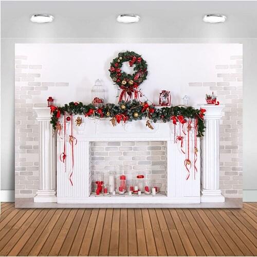 Photography background Christmas Brick Fireplace Photo Background red wreath White candle living room background for photo studi