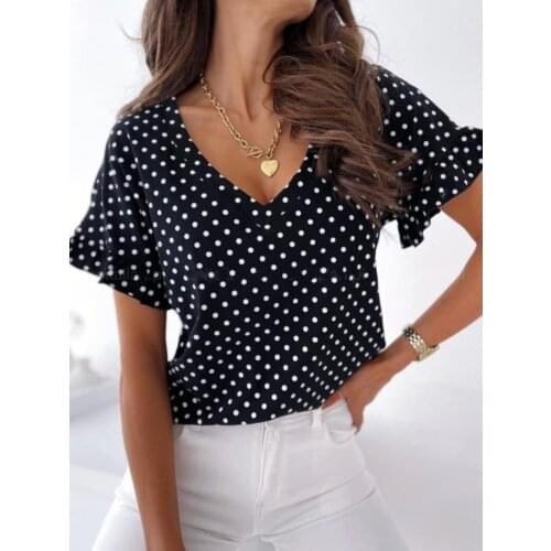 Ladies T-shirt Top Summer Female Sexy V-neck Polka Dot Short Ruffle Sleeve Casual T-shirt Fashion Vintage Women Tops Summer 2021