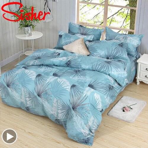 Sisher Bedding Set Leaf Printed Bed Linen Polyester Duvet Cover Set with Quilt Cover Sheet Pillowcase Single/Double/Queen Size