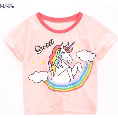 Little Maven Children 2021 Summer Baby Girl Tops Kids Summer 2-7 Years Clothes Letter Unicorn Print Brand Cotton T Shirt QW072