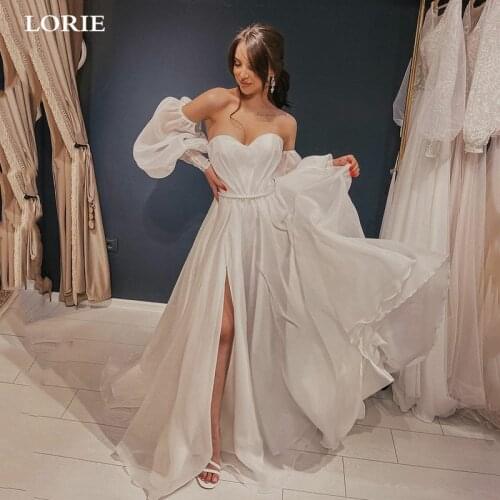 LORIE Vintage Beach Wedding Dress Puff Sleeve A Line Bride Dresses 2021 Side Split Lace Up Back Boho Wedding Gown PluS Size