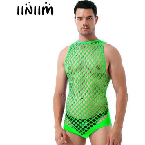 Men Exotic Hollow Out Netted Bodystockings Lingerie Halter Neck Sleeveless See-through Fishnet Stretchy Bodysuits Sleepwear
