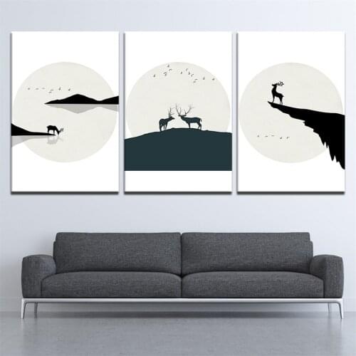 Wall Art Pictures For Living Room Home Decor Canvas Painting Nordic Style Animals Deer Bird Lake Forest Landscape Print Poster