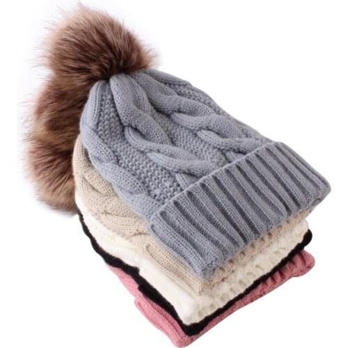 2021 New Big Fur Pom Pom Beanie Hats for Women Warm Knitted Winter Hats Female Beanie Warm Bonnet Casual Cap