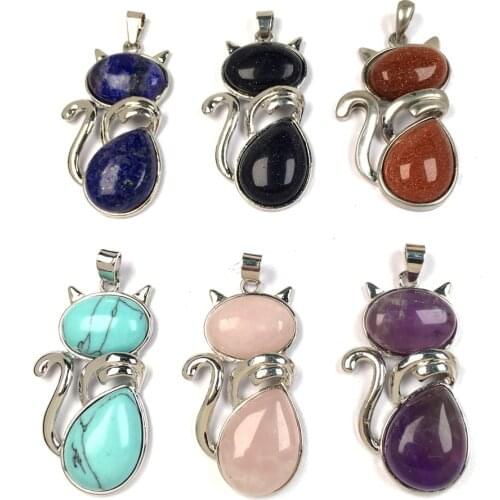 Fashion Cat Shape Pendant Natural Stones Flat Beads Charms Cute Kitten Pendants for Jewelry Making DIY Necklace Accessories
